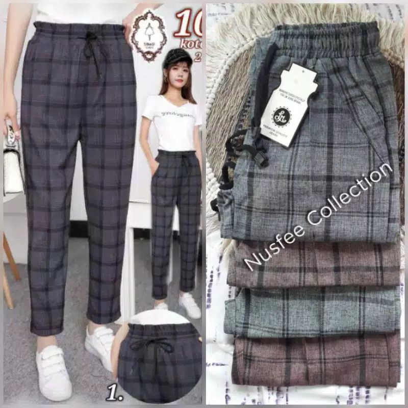 CELANA KOTAK-KOTAK PANJANG WANITA - Tartan Baggy Pants Dewasa Katun Murah