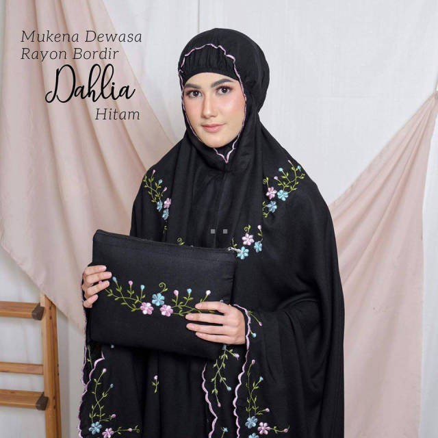 Dhibostore Mukena Dewasa Jumbo Polos Katun Rayon Premium Mofif Bordir Bunga Dahlia Warna Hitam