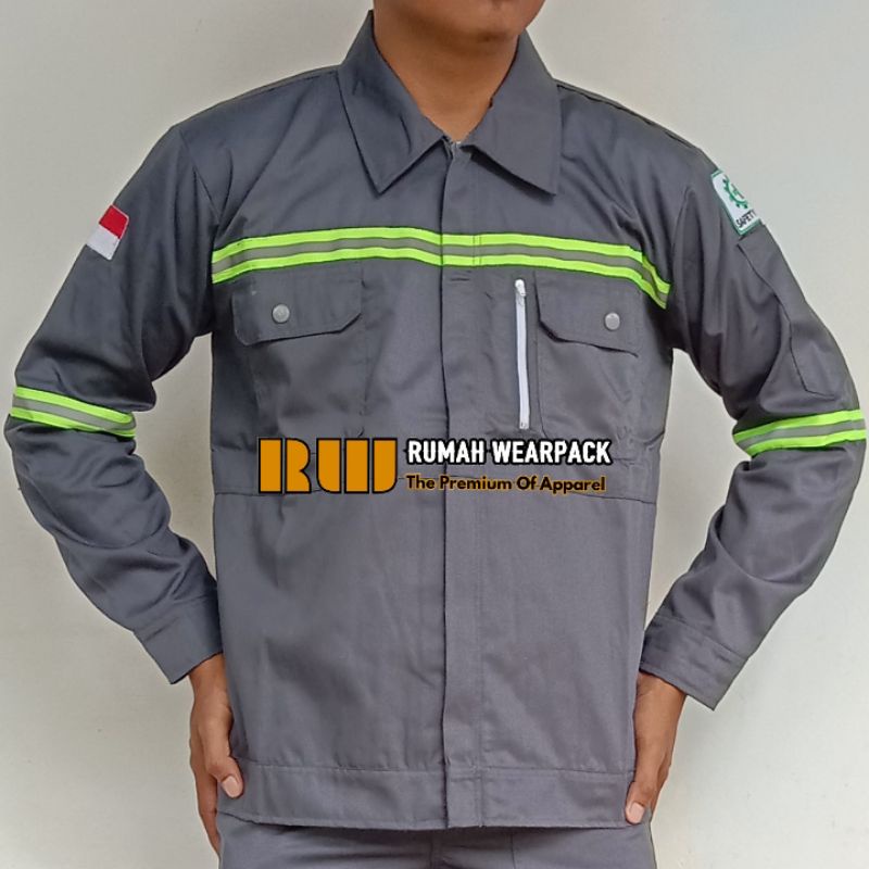 Baju Kerja/ Wearpack Proyek/ Segaram Kerja Kantong HP Atasan Warna  Abu Tua