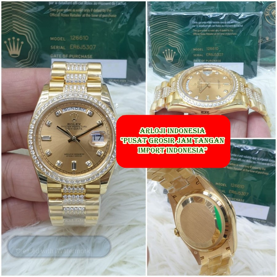 Big Sale Jam Tangan Wanita ROLEX DayDate 36mm Diamond Dial Gold SWISS ETA 1:1 Garansi 1th