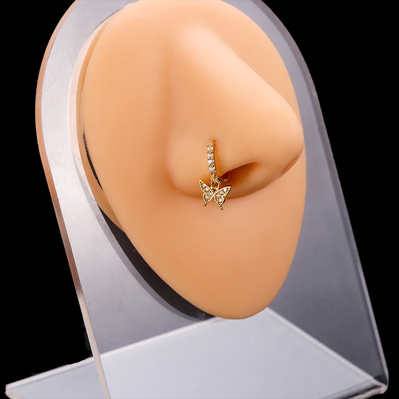 1pc Anting Hoop Hidung 8mm Tanpa Kunci Desain Hatidaunmatakupukupu Hias Zirkon Butterfly