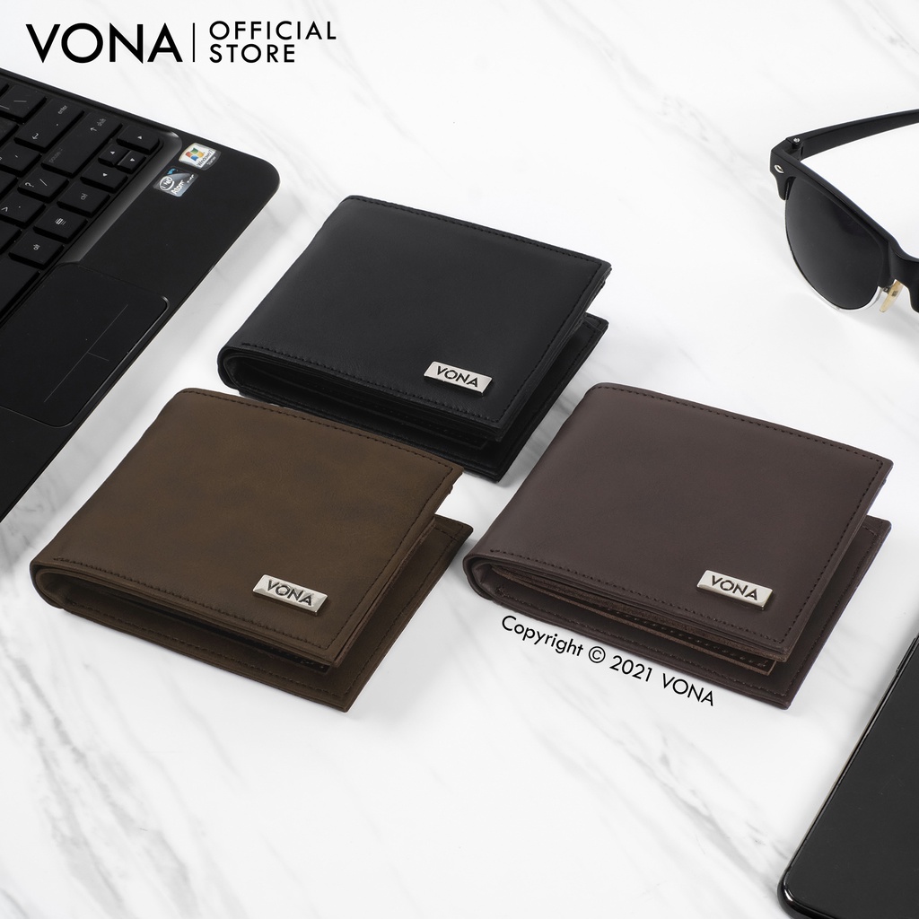 VONA Dompet Pria Lipat 3 Ruang Pendek Kulit PU Banyak Slot Kartu - Hitam Dark Brown - NOAH-8