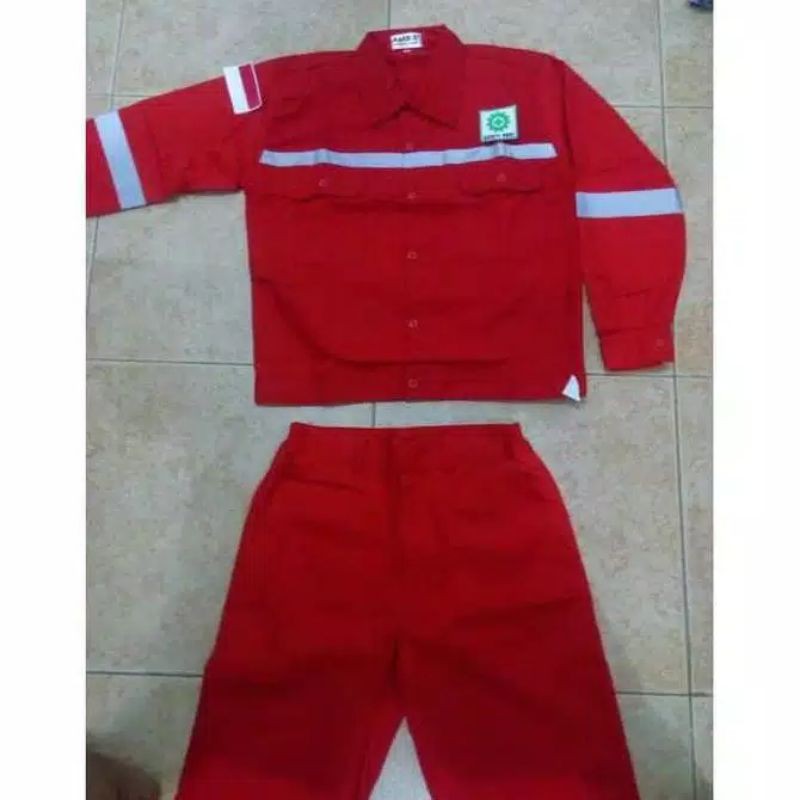 Baju Safety/Seragam Safety Proyek/Wearpack Terusan Baju+Celana,Logo Bendera K3 Merah-M
