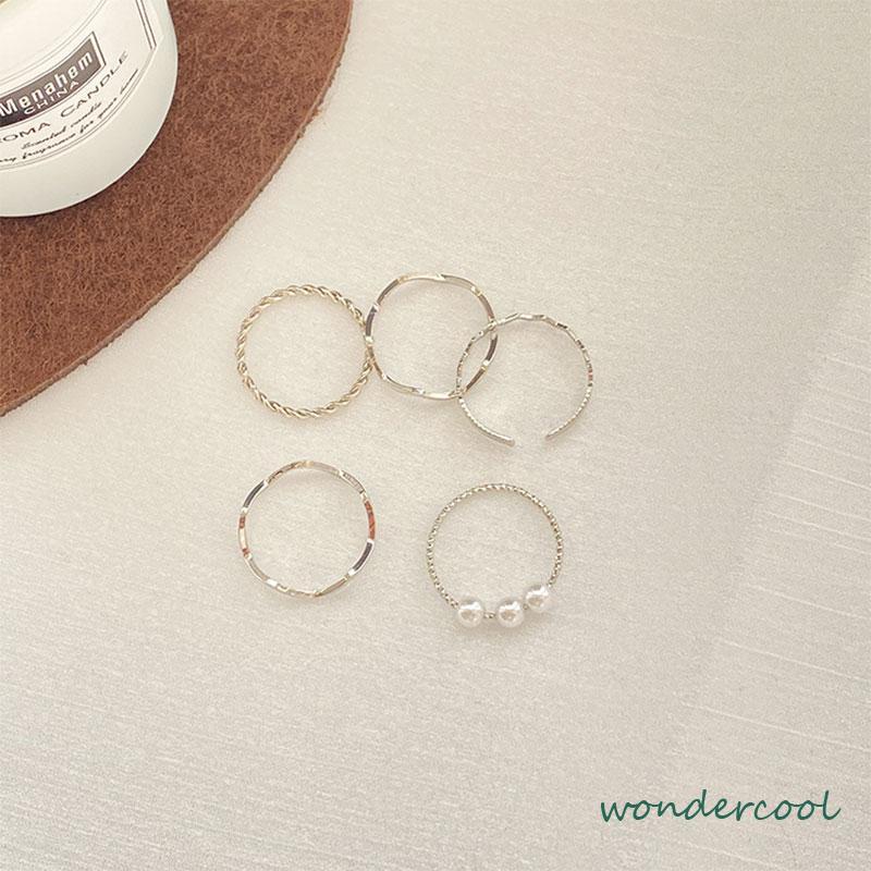 5 pcs Cincin Set Fashion Aksen Berlian Imitasi Mutiara Untuk Wanita-Won