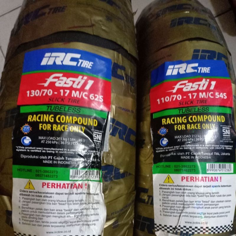 ban irc fasti 1 ring 17 sepasang dpn/blkg ukuran 110-70/17 dan 130-70/17 soft compound.ban slick