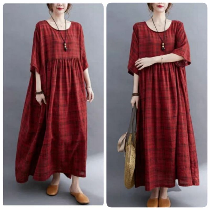 79006 Maxi dress kota kotak merah katun import murah wanita Fashion Imlek merah panjang katun import