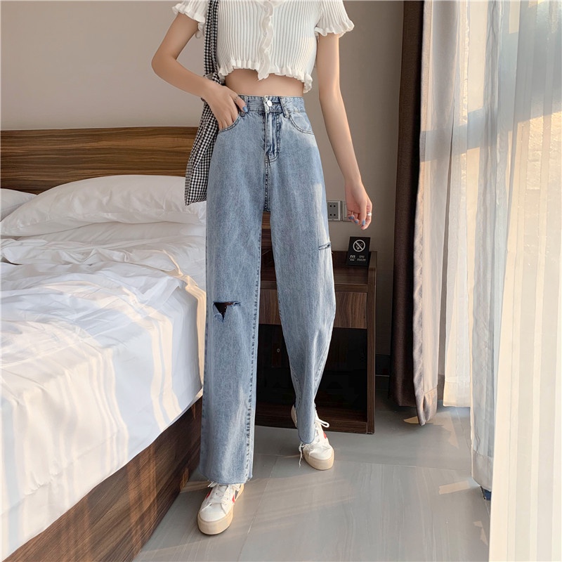 ✅COD Celana Jeans Wanita Ripped Jeans Sobek Korean Highwaist Straight Jeans Kekinian