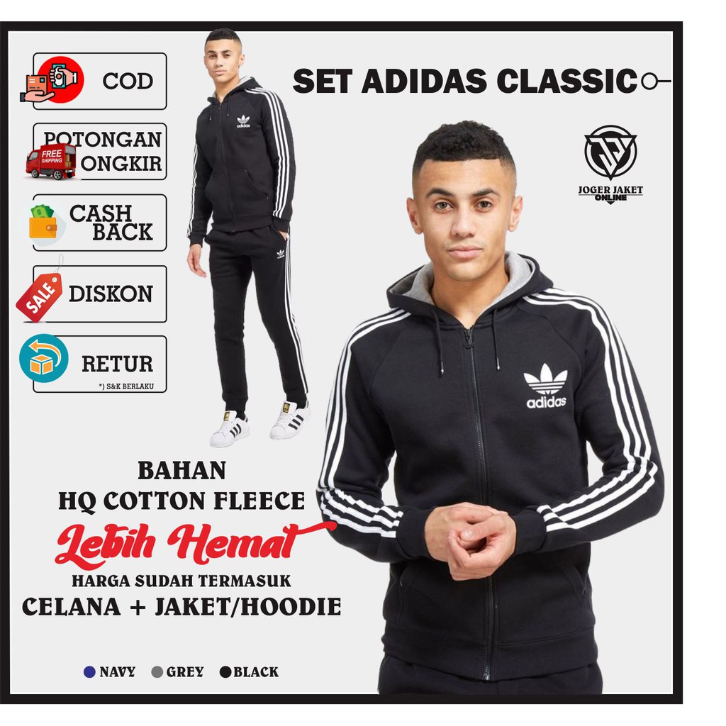 Pakaian Celana Training dan Jaket Hoodie Set Olaraga Panjang Adidas Classic Hitam Grade Original