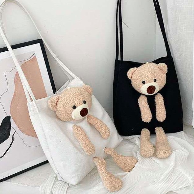 Amadela Story - Tas Bahu Shoulder Tote Bag Wanita Lucu Boneka Bear Tote Bag Teddy Bear Tote Bag Boneka Tas Boneka Shoulder Bag Wanita Tas Kain Kanvas Canvas Bag Tas Wanita Lucu Murah Tas Santai Tas Kuliah