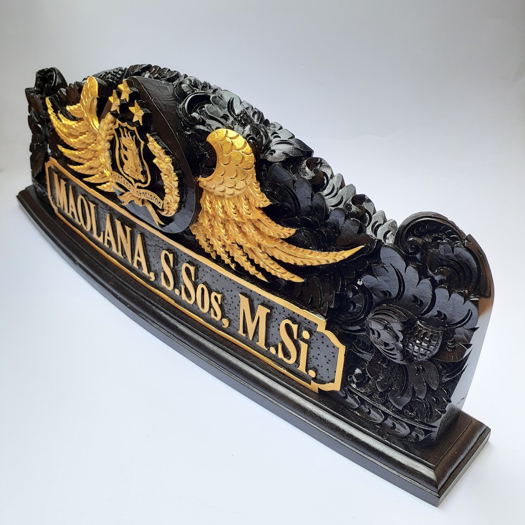 Papan nama meja nameplate kayu 53cm ukir bali lambang polisi