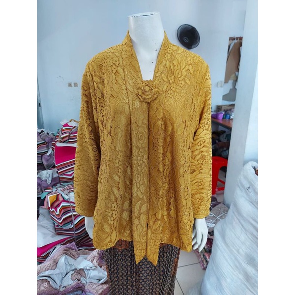 (BrP92/110) Kebaya Floy BROKAT Panjang GLITTER full furing adem busui STD - JUMBO KeroncongBusana-Kuning Kunyit