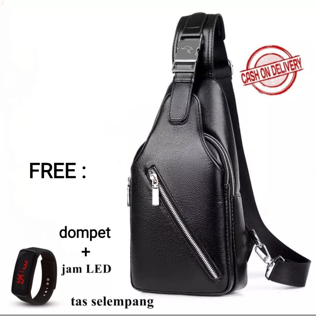 Tas Selempang Pria Kulit Murah Anti Air - James Bag Hitam bonus Dompet + Jam Tangan LED/Headset