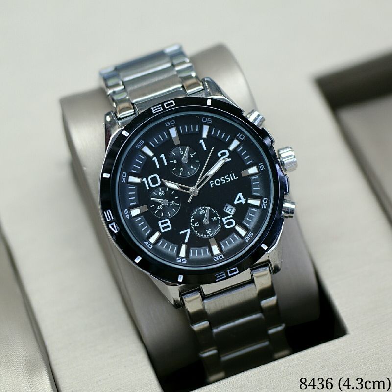 Jam Tangan Pria Fs8436 foss Ui Tanggal Aktif Rantai Free Box & Baterai silver