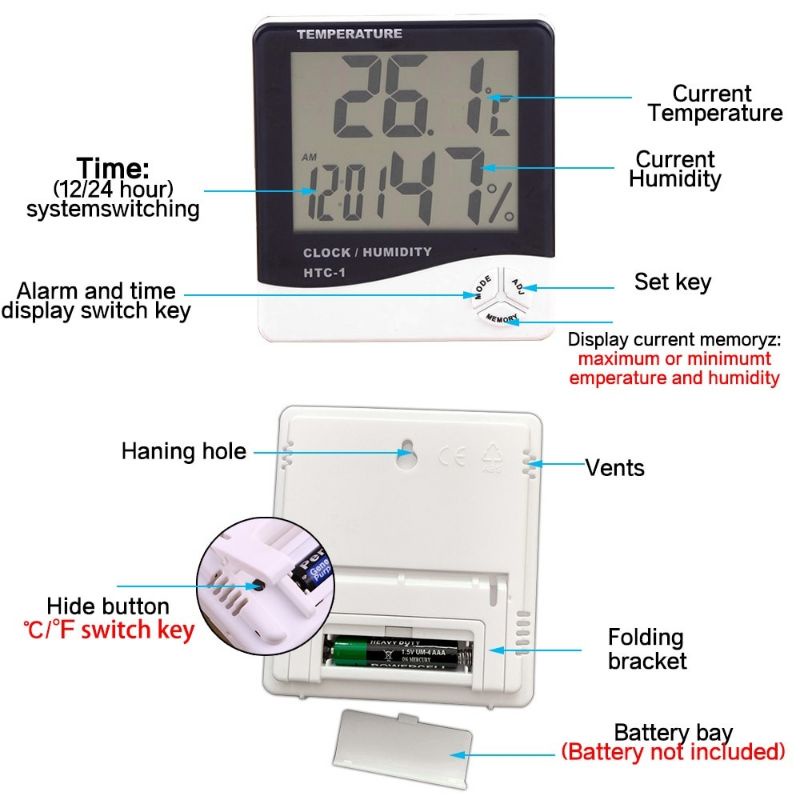 PENGUKUR SUHU DAN KELEMBAPAN RUANGAN  HTC1 / HTC2 TERMOMETER DAN HYGROMETER &amp; JAM HTC 1 / HTC