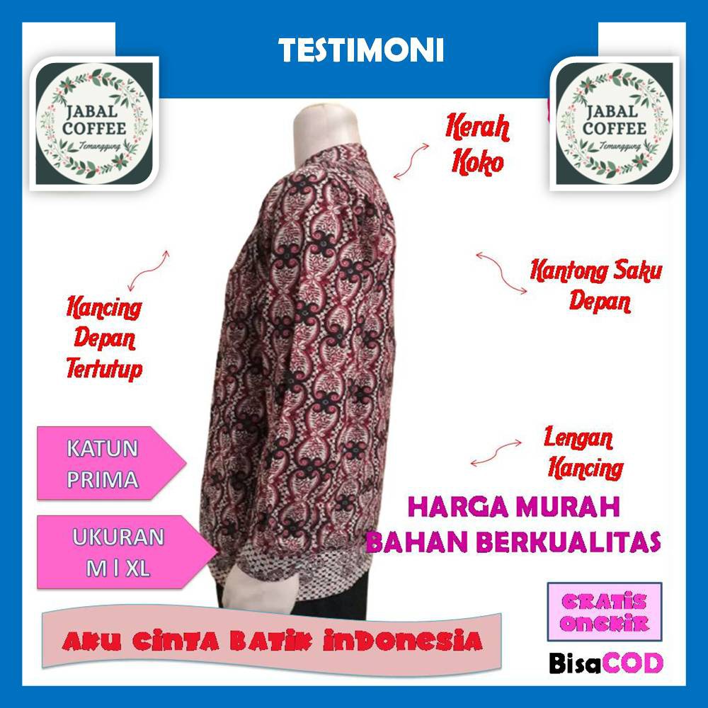 Baju Atasan Batik Pria Dewasa M L XL XXL / Atasan Panjang Pendek Kemeja Hem Batik Prima J20