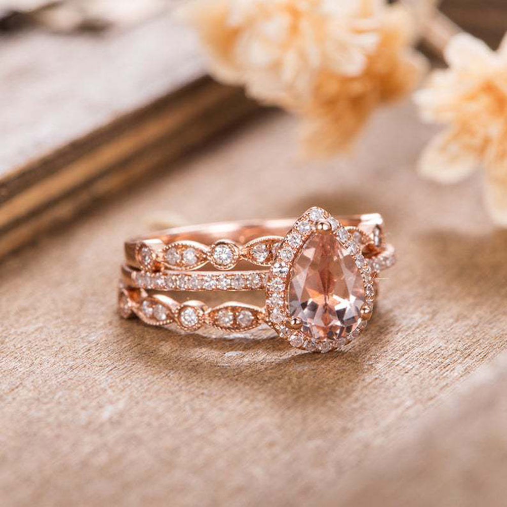 Hu Hu Hu Hu Hu Alat Bantu Pasang Kacamata♡ 3pcs / Set Cincin Susun Bentuk Pir Hias Berlian Imitasi Untuk Wanita