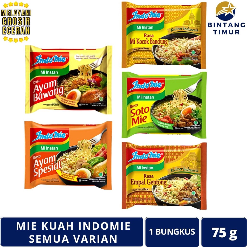 

INDOMIE Kuah All Variant Bawang, Spesial, Kocok, Soto Mie, Empal Gentong Mi Indomi