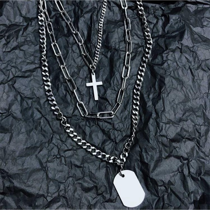 European and American cold wind personality hip-hop multi-layer pendant male couple multi-layer cross tag necklace sweater chain  210818