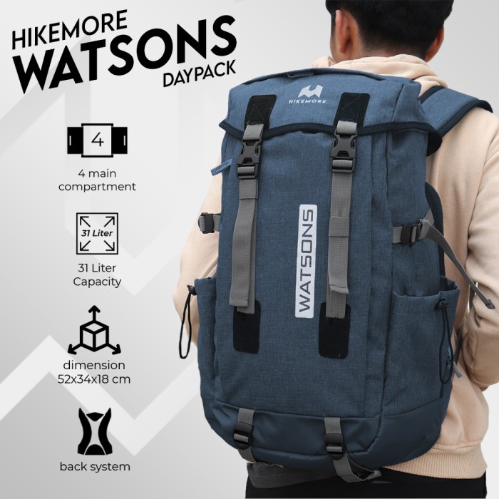 [GRATIS ONGKIR] Tas Ransel Daypack Travelling Hikemore Watsons Outdoor - Navy TERPERCAYA