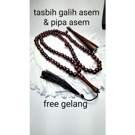 Paket tasbih &amp; pipa galih asem tasbih asem asli tasbih kayu galih asem free pipa galih asem 12cm CLW