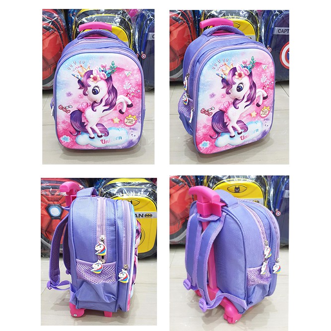 Tas Roda Dorong Trolley Anak PEREMPUAN Sekolah TK KARAKTER KUDA PONY LILAC 3D MAHKOTA TIMBUL