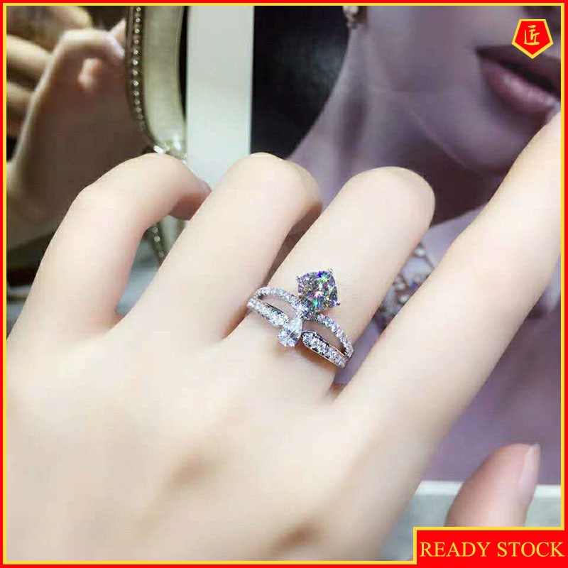 Fashion Crown Water Drop Princess Square Diamond Ring Double Diamond Ring