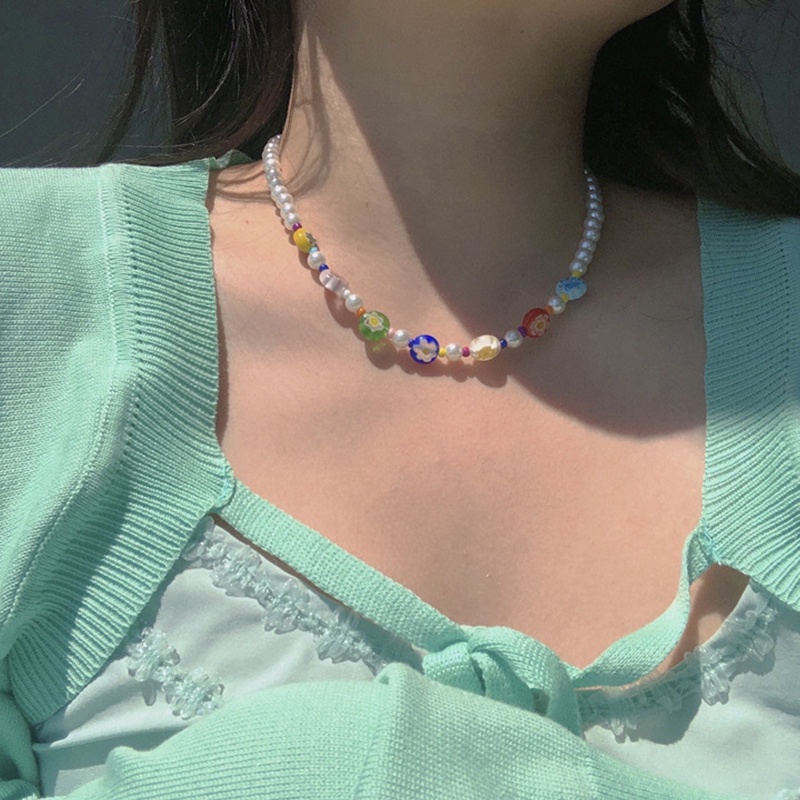 Daisy Glass Necklace Handmade Rice Bead Pearl Double Clavicle Chain
