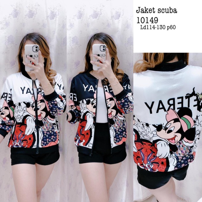 Jaket Wanita FASHION WANITA JAKET SCUBA IMPORT MOTIF MICKEY MOUSE - Putih(Z9S8) Jaket Wanita Parasut