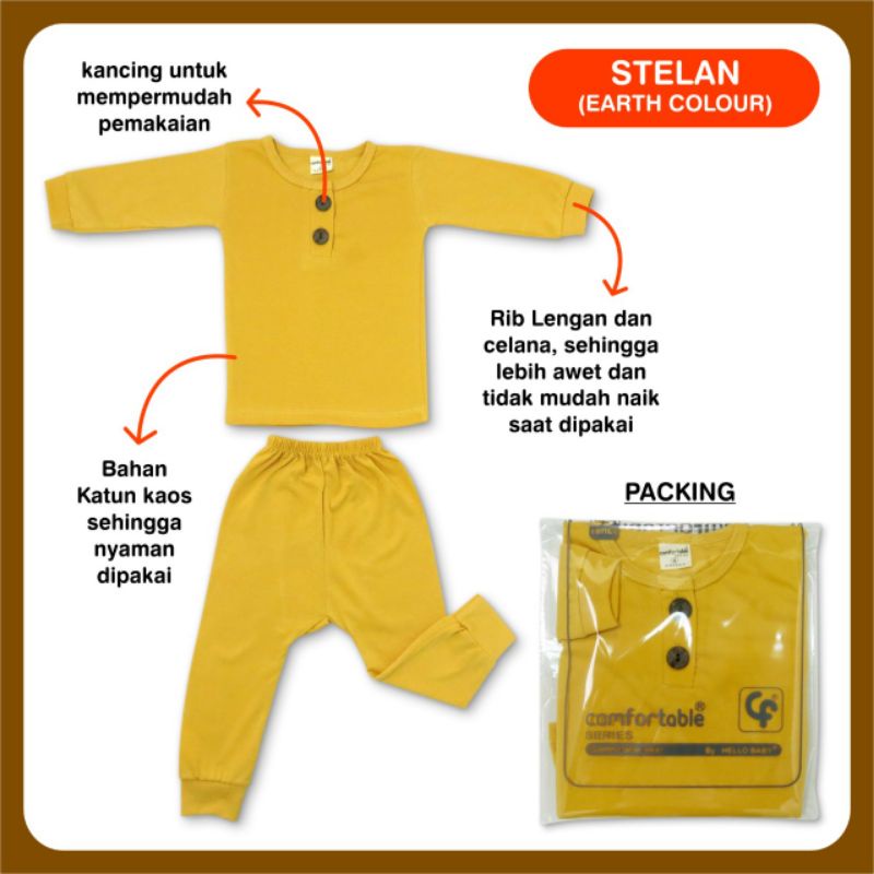 HELLO BABY COMFORTABLE 1 STEL Piyama Bayi Lengan Panjang Earth Colour Series Ukuran S M L XL Bahan Nyaman Berkualitas