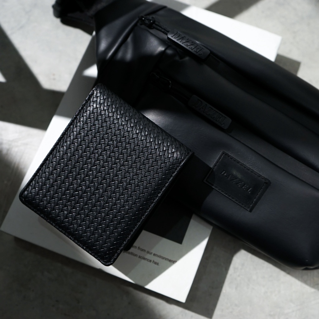 DAZZEL - PAKET BUNDLING BLACK - NARA WAISTBAG + FINN DOMPET - Tas Slempang Pria Hadiah Gift Kado Cowok