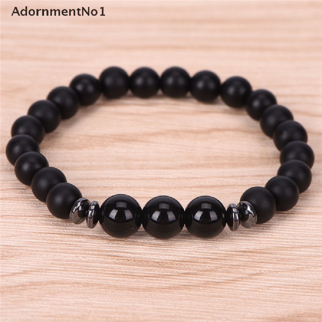 (AdornmentNo1) Gelang Tangan Manik-Manik Batu Agate Tourmaline Hitam Matte Elastis Untuk Pria / Yoga