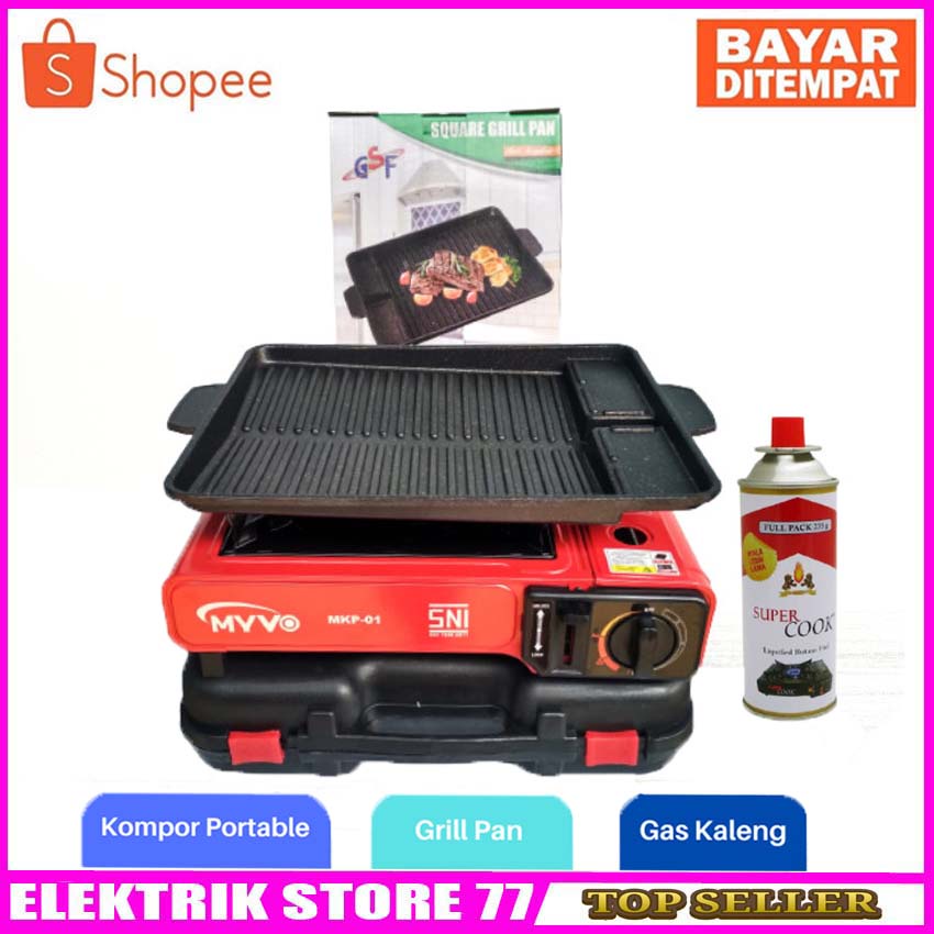 Kompor Gas Portable MYVO + Grill Pan + Gas Kaleng+GRILL BBQ KOTAK