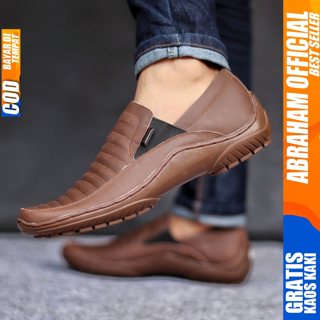 ABRHM x CORZA Sepatu Slip On Pria Sepatu Pria Casual Kulit Asli Cowo/Cowok Sepatu Casual Pria Ori Sepatu Kasual Slop Anti Slip Semi Formal Kerja Kuliah Gaya Santai Keren Kekinian Original Murah Terlaris