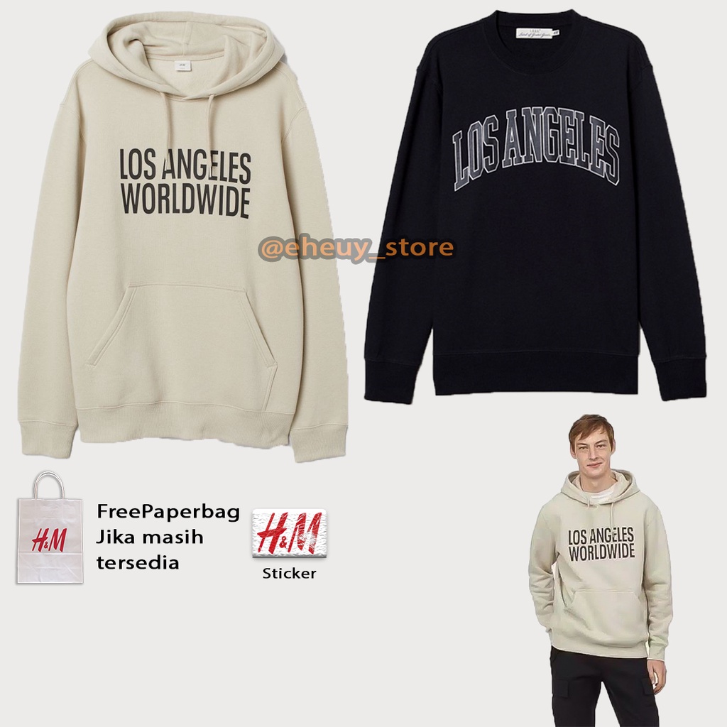 HOODIE H&amp;M LOS ANGELES WORLDWIDE CREAM Sweater Los angeles hnm navy pria wanita