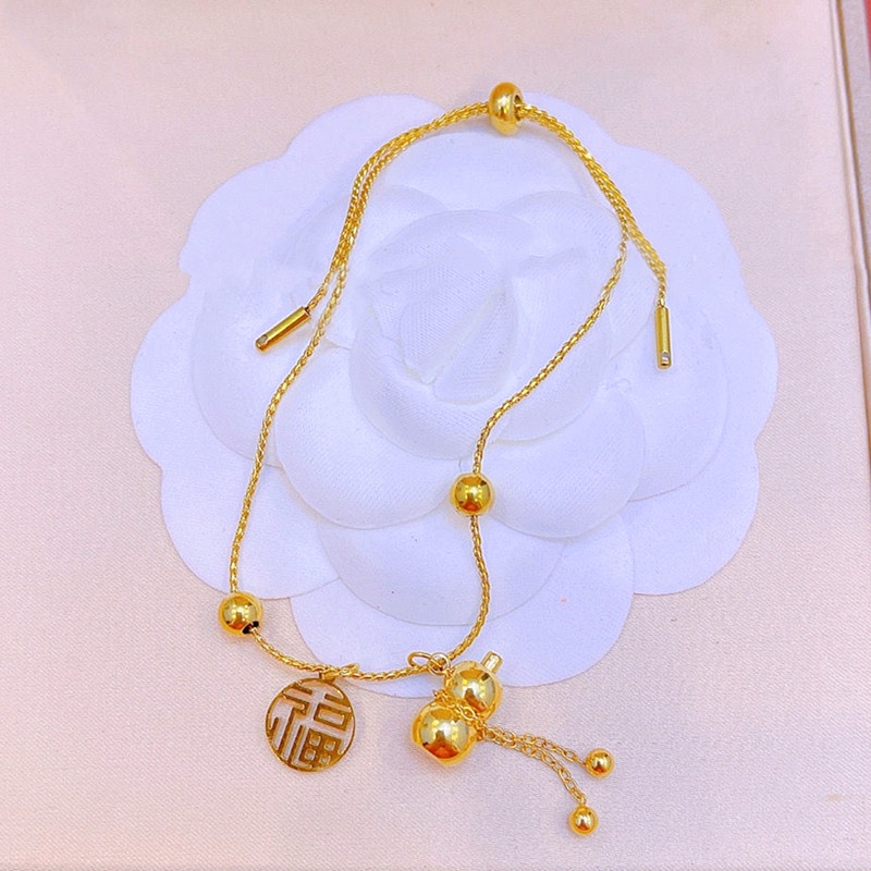 Gelang Titanium Rumbai Labu 'Fu' Keberuntungan Emas 18K Anti Karat Aksesoris Wanita Korea