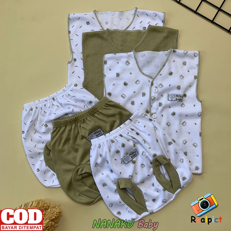 Isi 6 PCS Baju Celana Bayi / 3 Setel Baju Lengan Kutung Celana POP Bayi Usia 0-3 Bulan Seri Army -  AnaBAby