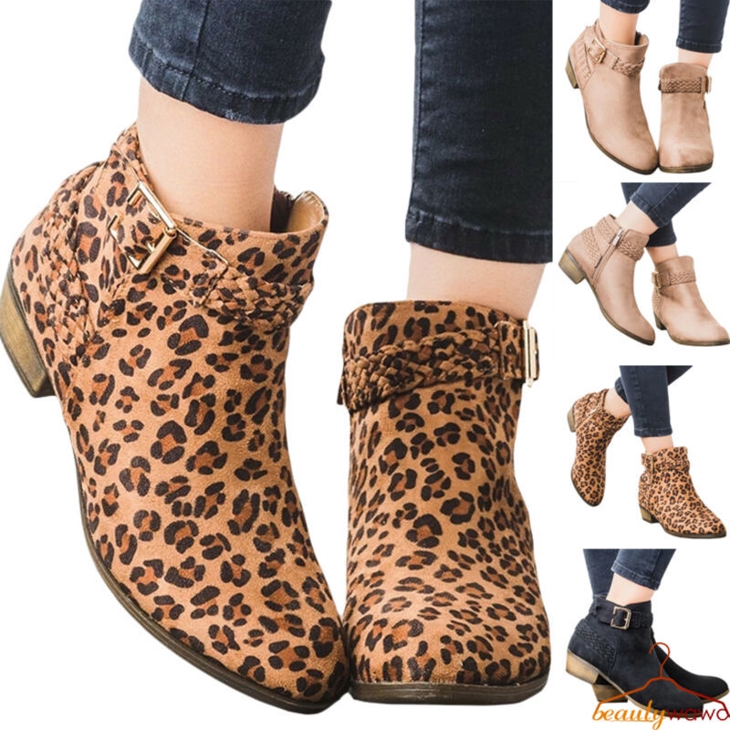 leopard low heel boots
