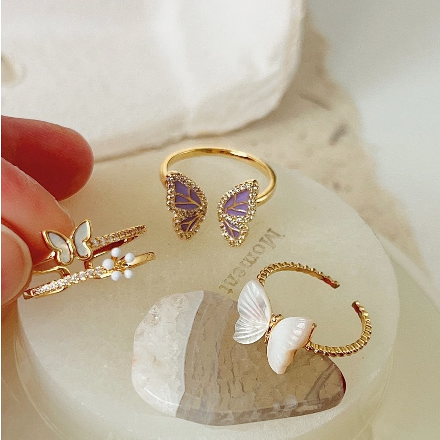 Butterfly Cincin Model Terbuka Adjustable Desain Kupu-Kupu Aksen Mutiara Untuk Wanita