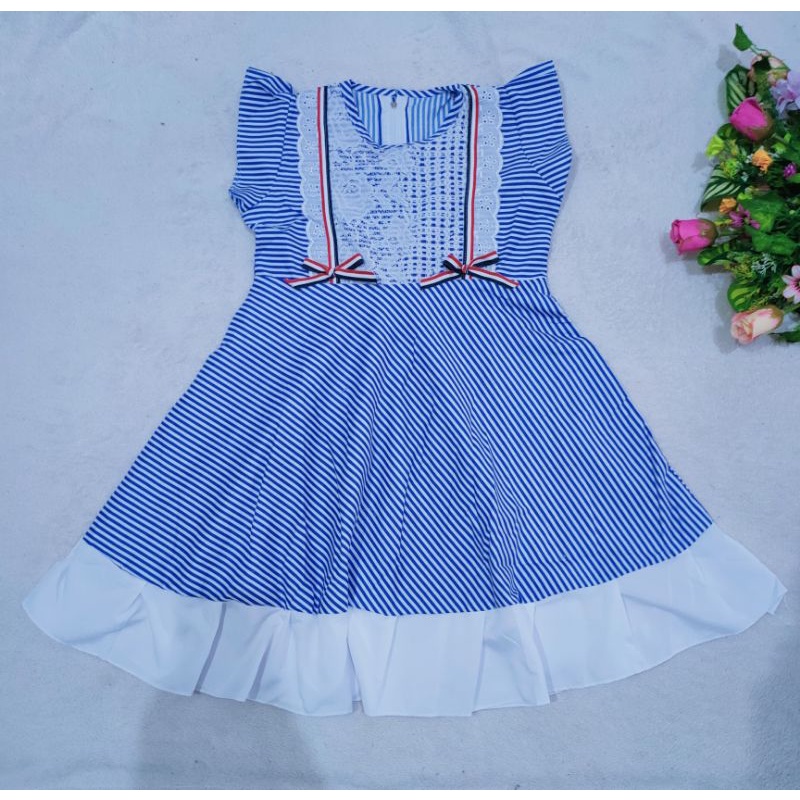 Dress Anak 4 5 Tahun motif strip brokat Renda Putih perempuan murah biru hitam Hijau pink merah Fatonah shop terbaru baju Grobogan (Dress BrokatStrip XL)