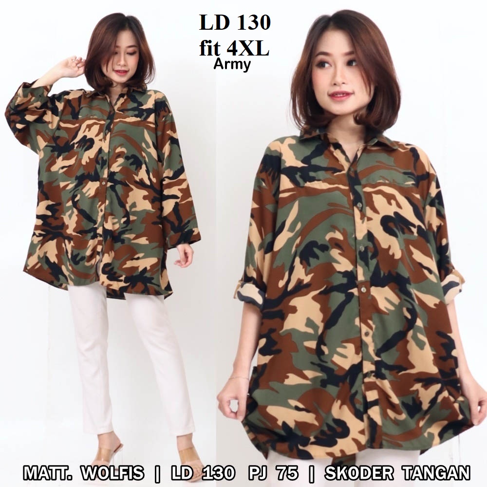Terlaris Baju Atasan Kemeja Wanita LD130 fit 4XL Jumbo Oversized motif loreng Hem Army corak keren T