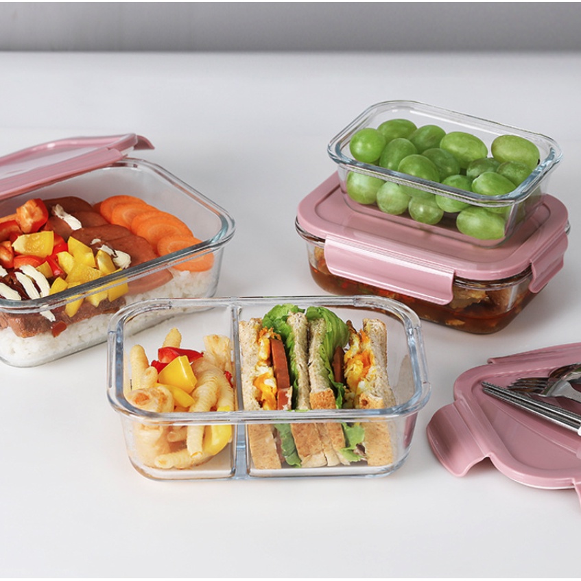 Toples Lunch Box Kotak Tempat Penyimpanan Makan Bahan Kaca Microwave Oven Safe Bersekat