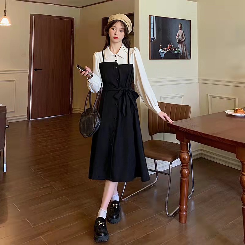 dress korea style/ model menyatu/dress wanita/long dress/dress import korea/dress korea/midi dress korea/Gaun Hepburn Baru/ pakaian korea/ baju korea/ baju wanita termurah