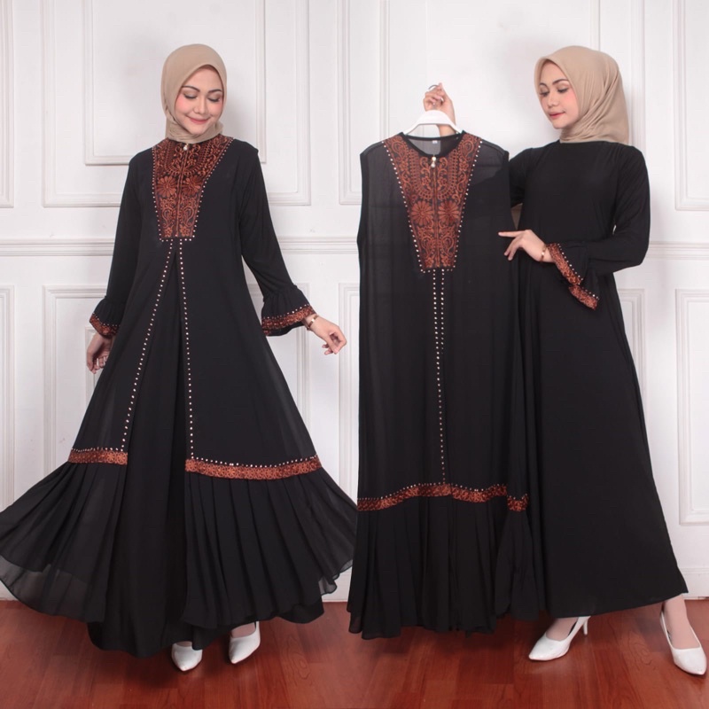 RINA BUSANA - Abaya Rompi Pisah Terbaru - Gamis Abaya Set outer Hitam - Abaya Turkey Remaja - Dress 