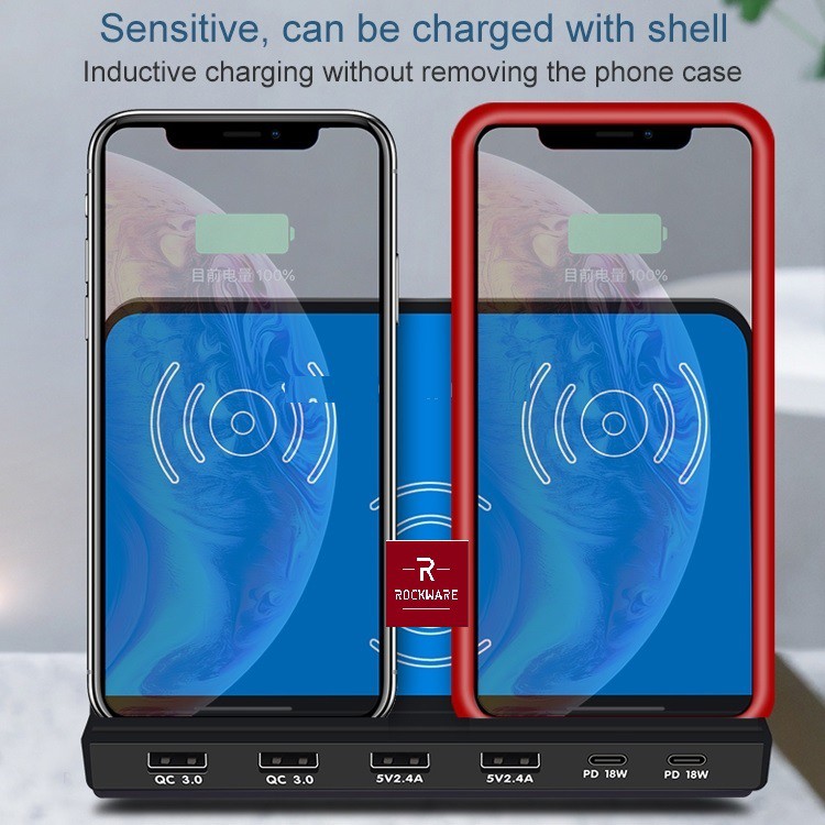 ROCKWARE 819 - 4 USB and 2 PD Port with Qi Wireless Charging - 120W - Charger Multiport Up To 9