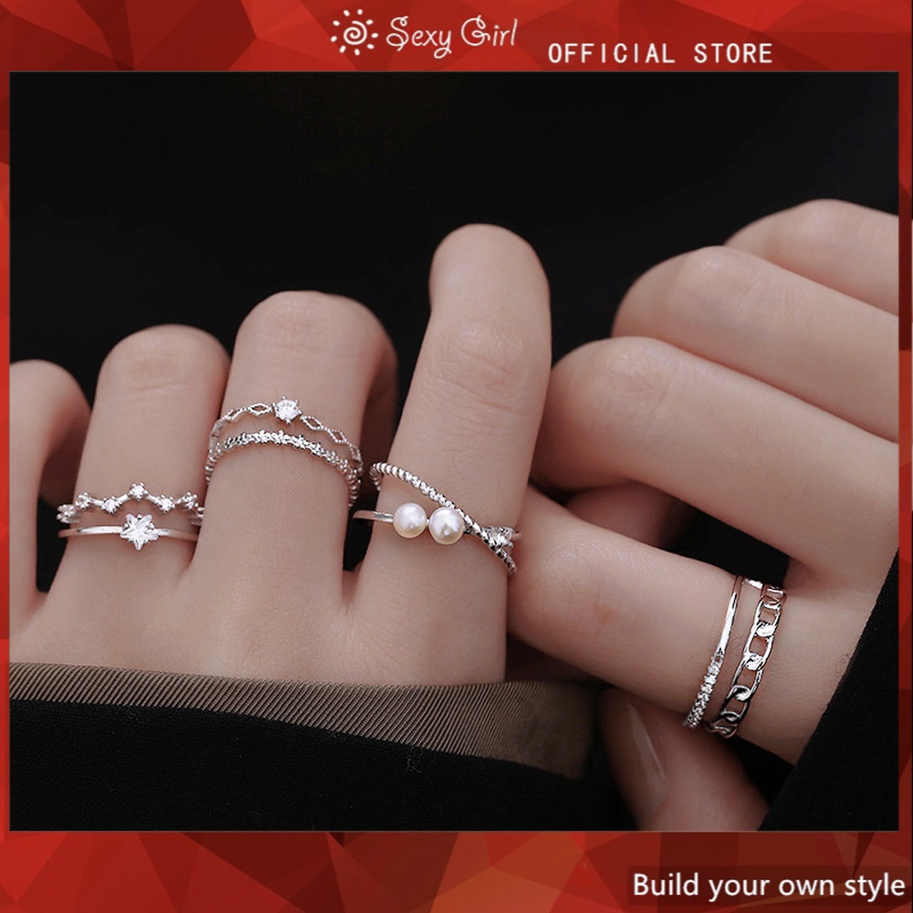 Cincin Multilayer Adjustable Desain Bintang Kristal Warna Silver Untuk Wanita