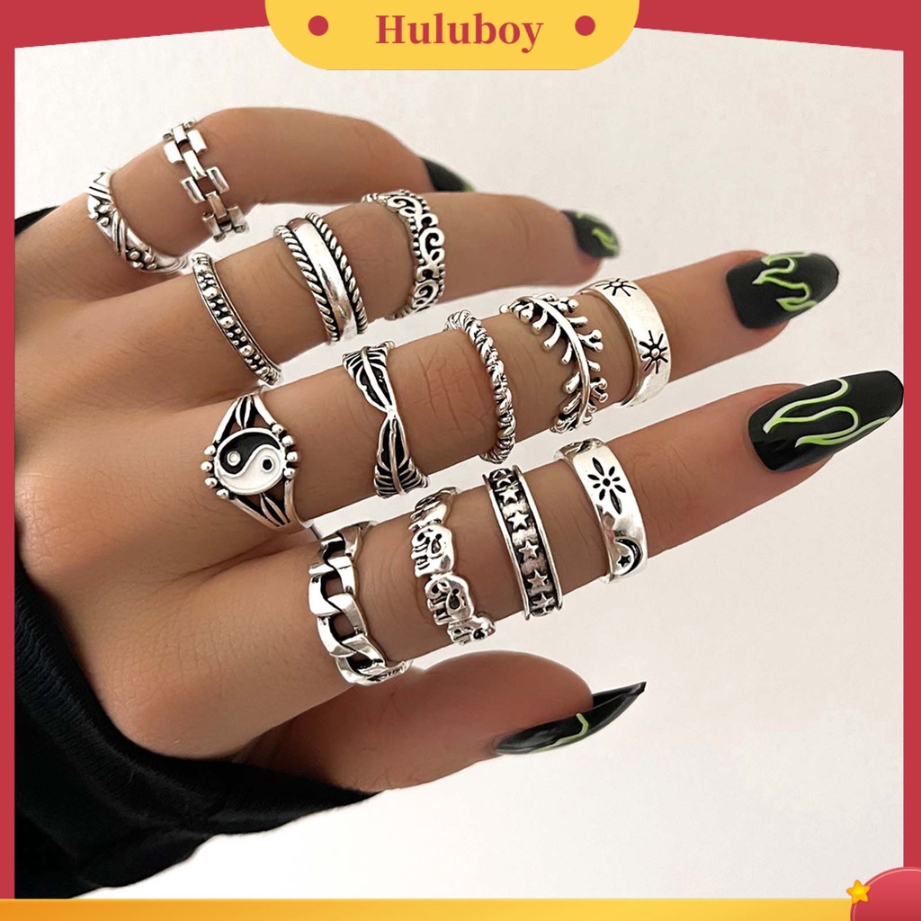 Hu Hu Hu Hu Hu Alat Bantu Pasang Kacamata♡ 14 Pcs Cincin Knuckle Stackable Untuk Wanita