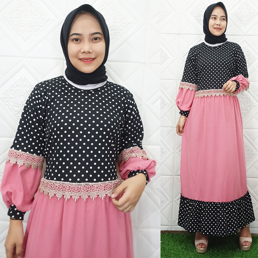 YESIKA GAMIS POLKADOT KOMBINASI RENDA LENGAN BALON GL FASHION