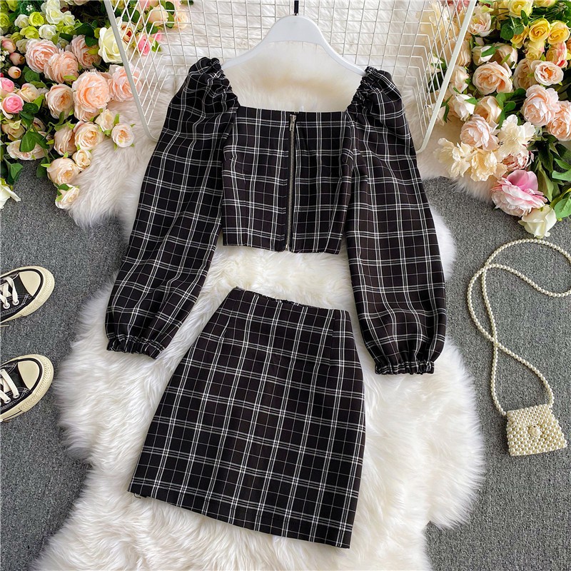 Pakaian Oneset Wanita Style Korea, Atasan Baju Crop Lengan Panjang Rok Pendek A-Line Kasual