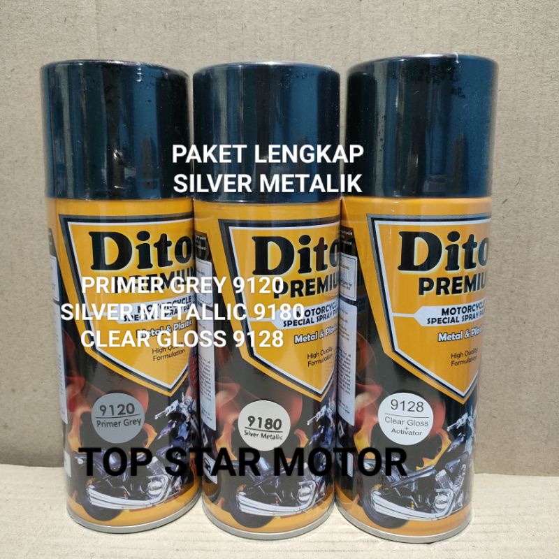 Pilok Paket Lengkap Cat Diton Premium Primer Grey 9120 Silver Metallic 9180 Clear Gloss 9128 400cc.. Pilok Paketan Silver Metallic Cat Semprot Diton Premium 400cc