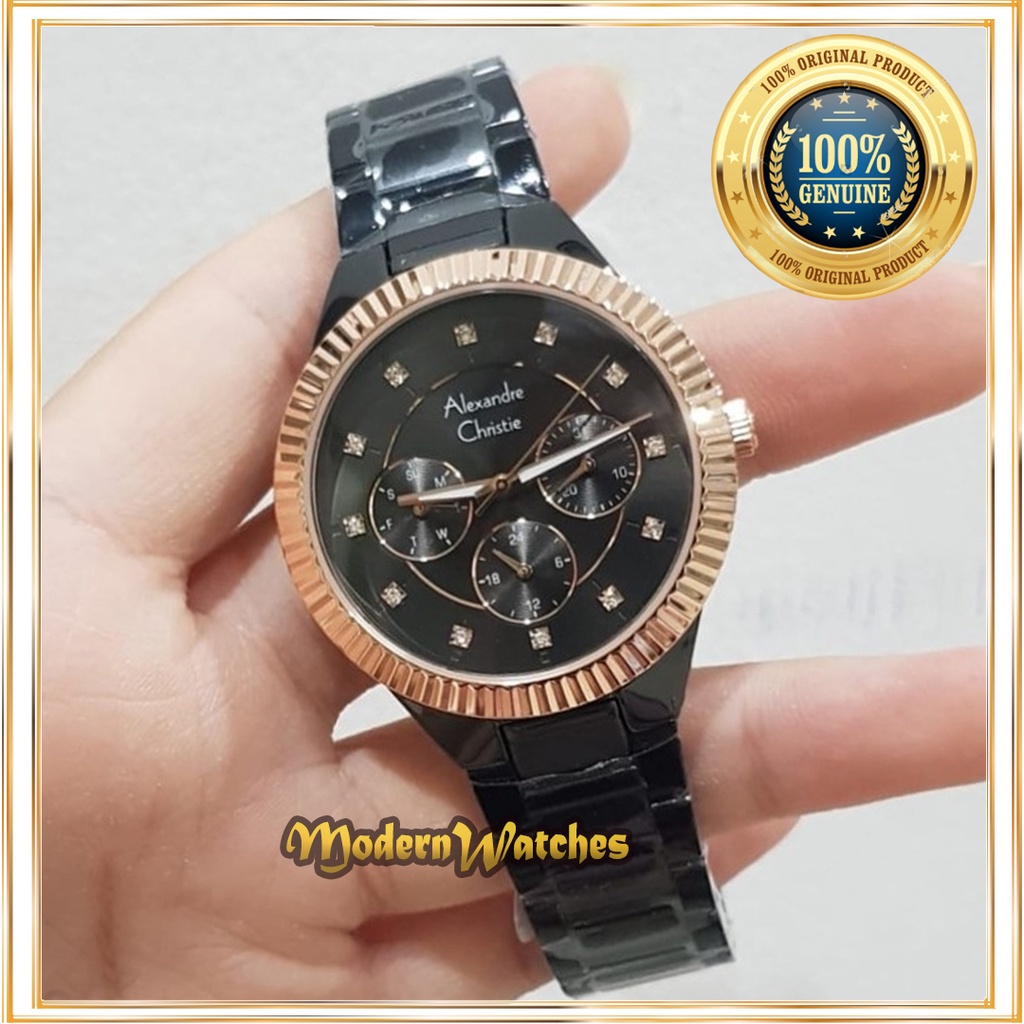 Jam Tangan Ori Wanita Terbaru Alexandre Christie AC 2900 Black Rosegold Hitam Rantai Stainless Alexa